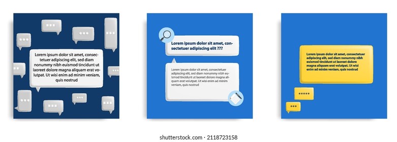 Social Media Informative FAQ Post Banner Template Layout Design In 3D Cartoon Style, Blue Background With Bubble Chat, Text Box, Magnifier Glass, Document, Pen. Vector Illustration