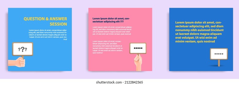 Social media informative FAQ post banner template layout design in 3D cartoon style, multicolor background with hand holding question answer wood board. Vector illustration