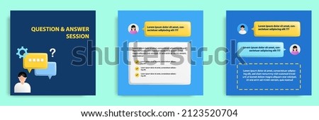 Social media informative FAQ post banner template layout design in 3D cartoon style, multicolor background with character, question answer bubble chat text box. Vector illustration