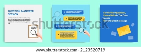 Social media informative FAQ post banner template layout design in 3D cartoon style, multicolor background with hand holding magnifier glass, checklist board. Vector illustration