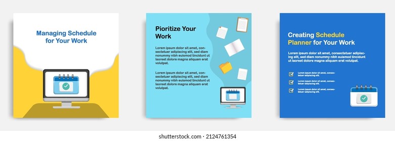 Social Media Informative Post Banner Template Design In 3D Cartoon Style, Desktop App Schedule Reminder Concepts With Multicolor. Vector Illustration