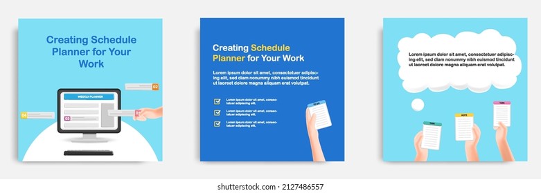 Social media informative post banner template design in 3D cartoon style, mobile smart phone app schedule reminder concepts with multicolor. Vector illustration