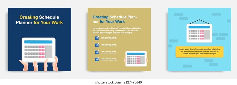 Social media informative post banner template design in 3D cartoon style, hanging calendar schedule planner concepts with multicolor. Vector illustration