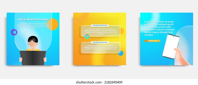 Social media informative post banner template layout design in blue, yellow, orange background, glassmorphism style with transparent glass frame bubble message. Vector illustration