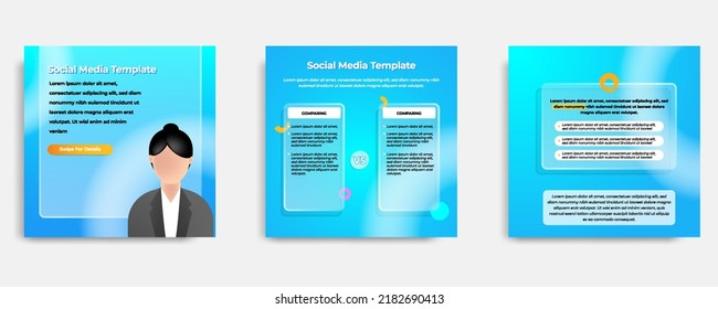 Diseño de plantillas de posters informativos en medios sociales en fondo azul, estilo de glassmorfismo con diálogo de chat de mensajes de burbuja de marco de vidrio transparente. Ilustración del vector