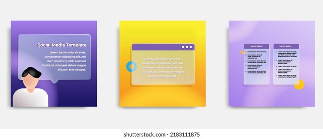 Social media informative post banner template layout design in purple, yellow, orange background, glassmorphism style with transparent glass frame bubble message. Vector illustration