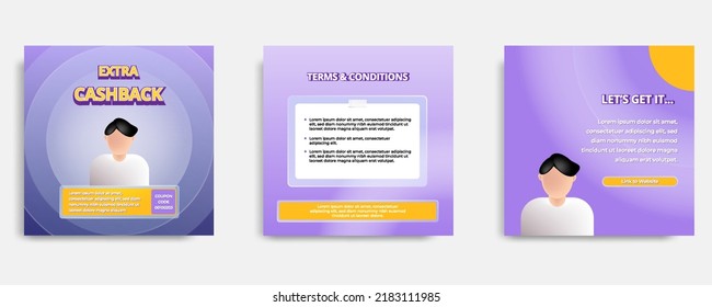 Social media informative post banner template layout design in purple, yellow, orange background, glassmorphism style with transparent glass frame bubble message. Vector illustration