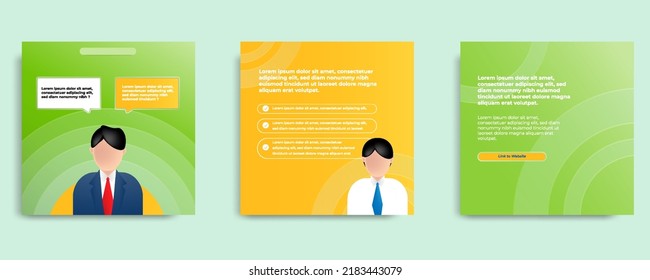 Social media informative post banner template layout design in green, yellow, orange background, glassmorphism style with transparent glass frame bubble message. Vector illustration