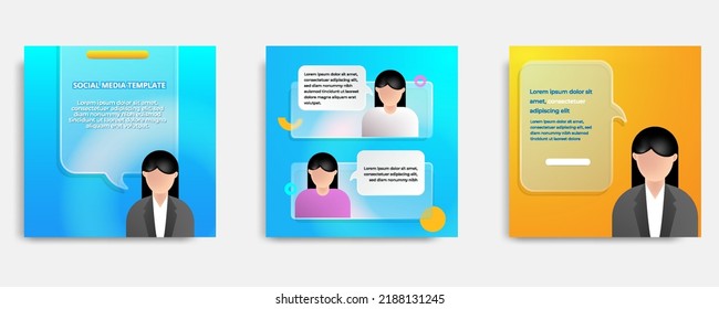 Social media informative post banner template layout design in blue, yellow, orange background, glassmorphism style with transparent glass frame bubble message. Vector illustration