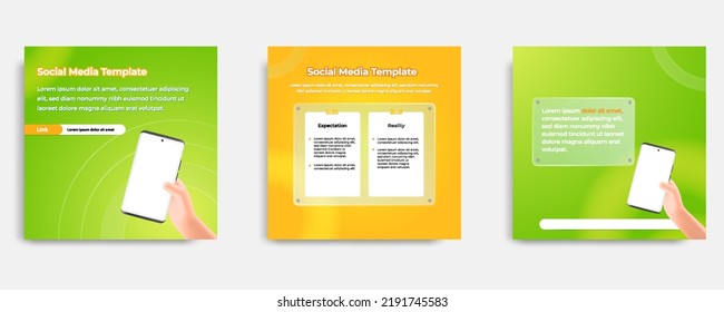 Diseño de plantillas de afiches de postes informativos en medios sociales en color verde, amarillo, naranja, estilo de glasmorfismo con mensaje transparente de burbuja de marco de vidrio. Ilustración del vector