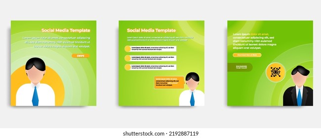 Social media informative post banner template layout design in green, yellow, orange background, glassmorphism style with transparent glass frame bubble message. Vector illustration