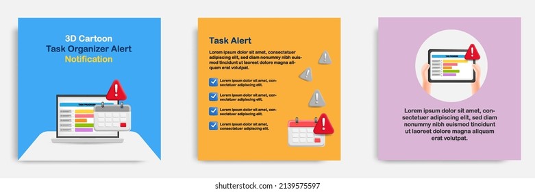 Social Media Informative Project Progress Management Alert Deadline Notification, Post Banner Template Design In 3D Cartoon Style With Calendar, Notebook, Tablet. Vector Illustration