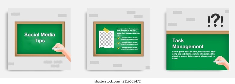 Social media informative task to do post banner template design in 3D cartoon style with hanging green chalkboard. Vector illustration