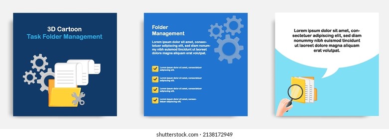 Administración de tareas informativas de medios sociales con organizador de carpetas, diseño de plantillas de pancartas en estilo de caricatura 3D. Ilustración del vector