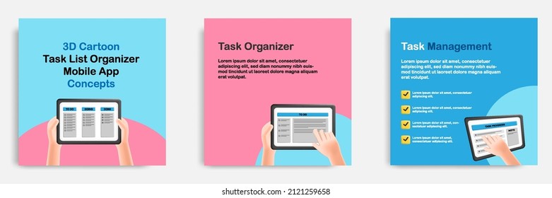 Social media informative task organizer app post banner template design in 3D cartoon style with hand holding tablet monitoring project progress. Vector illustration