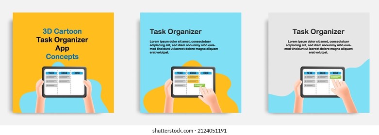 Social media informative task organizer app post banner template design in 3D cartoon style with hand holding tablet monitoring project progress. Vector illustration