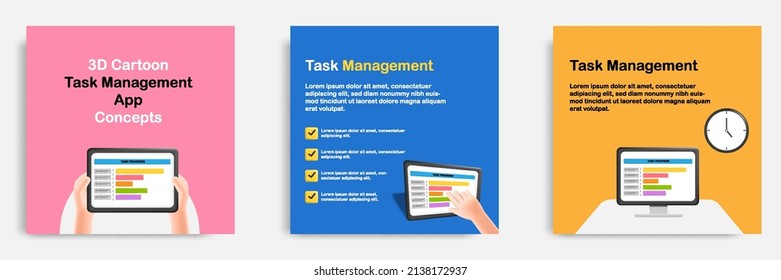 Social media informative task organizer app post banner template design in 3D cartoon style with hand holding tablet monitoring project progress. Vector illustration