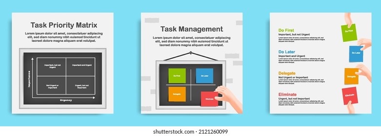 Social media informative task priority management post banner template design in 3D cartoon style with hanging steel blackboard and hand paper note. Vector illustration