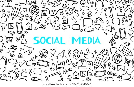 Social media inscription with seamless pattern around. Black outline hand drawn elements on white background. Vector illustration.