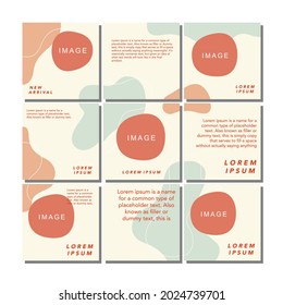 Social Media Instagram Feed Post Template In Grid Puzzle Style With One Line Art And Abstract Shape Background
