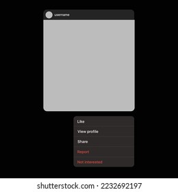 social media Instagram frame icon. post frame and box design. view profile, like, comment, not interested vector flat buttons.