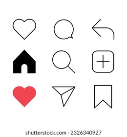 Juego de iconos de instagram de medios sociales. signo de amor, comentario, compartir, hogar, perfil, me gusta, búsqueda, etc. vectorial