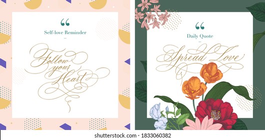 Social Media Instagram Influencer Account Quote Post Template With Hand-written Calligraphy Copperplate Script In Feminine Style And Botanical Elements. Self Love Reminder Spring Soft Pastel Theme.