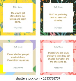 Social Media Instagram Influencer Account Quote Post Template Set Of Four. Background Graphic Design Elements. Backdrop. Motivation Inspiration. Trendy Pattern With Flowers And Geometric Shapes