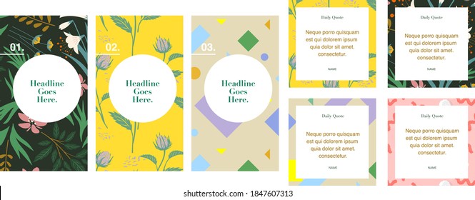 social media instagram influencer account quote story post template set of four. background graphic design elements. backdrop. motivation inspiration. trendy pattern with flowers and geometric shapes