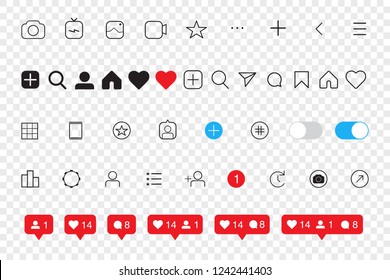 Social media Instagram interface set buttons, icons: home, camera, comment, search, photo camera, heart, like, user story. Vector illustration. EPS 10