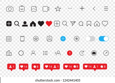 Interfaz de Instagram de medios sociales: botones, iconos: hogar, cámara, comentario, búsqueda, cámara fotográfica, corazón, como, historia de usuario. Ilustración vectorial. EPS 10