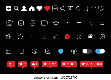 Social media Instagram interface set buttons, icons: home, camera, comment, search, photo camera, heart, like, user story. Dark mode. Vector illustration. EPS 10