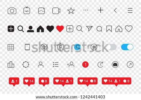 Social media Instagram interface set buttons, icons: home, camera, comment, search, photo camera, heart, like, user story. Vector illustration. EPS 10