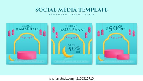 social media instagram ramadhan square post template set for promotion with podium product showcase in trendy colorful style