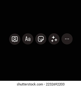 social media Instagram stories icons. tag, text, sticker, effects, and settings icons. white flat outlined vector icons and symbols. dark mode