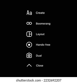 social media Instagram stories icons and settings. create, boomerang, layout, hands-free, dual and close icons. white outline flat vector symbols. dark mode