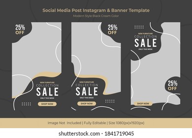 SOCIAL MEDIA INSTAGRAM STORIES TEMPLATE MODERN STYLE NEW FURNITURE SALE COLLECTION (BLACK & CREAM COLOR)