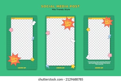 Social Media Instagram Story Template Post Set 90s Retro Trendy Cartoon Style With Sticker Bomb