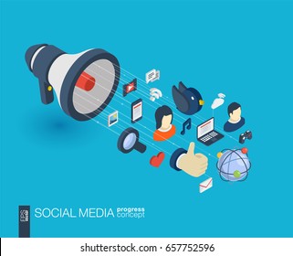 Social Media Integrated 3d Web Icons. Digital Network Isometric Progress Concept. Connected Graphic Design Line Growth System. Background For Market Service, Communicate And Share. Vector Infograph