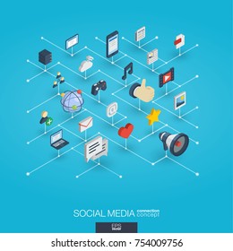 Social Media integrated 3d web icons. Digital network isometric interact concept. Connected graphic design dot and line system. Background for market service, communicate and share. Vector Infograph