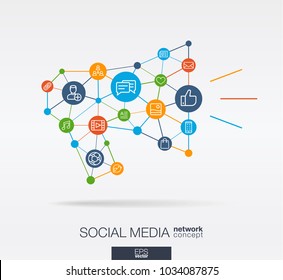 Social Media integrated thin line web icons in megaphone message shape. Digital neural network interact concept. Connected graphic design polygons and circles system. Background for market service