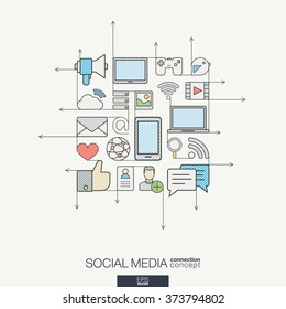 Social media integrated thin line symbols. Modern color style vector concept, with connected flat design icons. Illustration for digital network, internet, communicate, technology, global concepts.