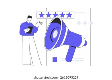 Social media, integrating with social media platform. Followers leaving reaction on posts, giving feedback, likes and writing comments. Flat Cartoon Vector Illustration, icon. Stylish abstract design 