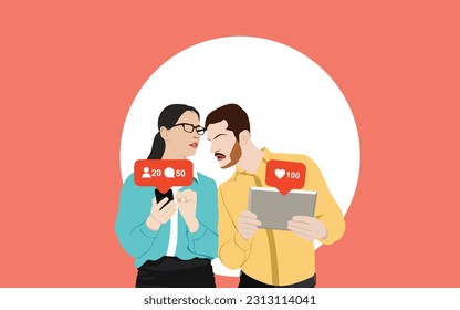 Social media interaction between a young woman and a young man. Internet digital marketing, Chatting, commenting, liking. Smiles and icons over the tablet screen.
