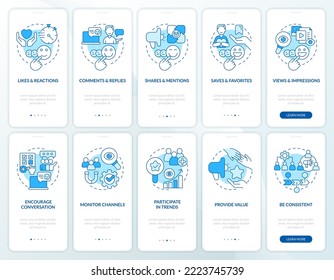 Social media interaction blue onboarding mobile app screen set. Walkthrough 5 steps editable graphic instructions with linear concepts. UI, UX, GUI template. Myriad Pro-Bold, Regular fonts used