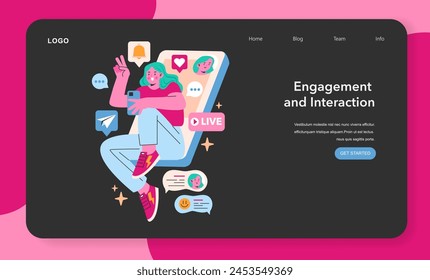 Social media interaction concept. A bright web page design featuring a person live streaming with engagement icons. The online communication digital age. Vector illustration.