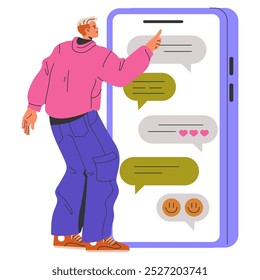 Concepto de interacción de medios sociales. Un hombre de negocios se involucra con varios mensajes en una pantalla gigante de un teléfono inteligente. Comunicación digital en atuendo de negocios. Ilustración vectorial.