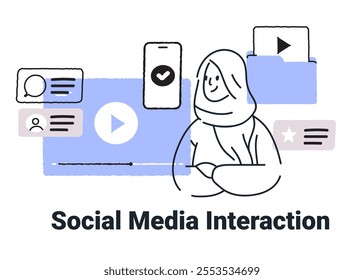 Social media interaction concept with person surrounded by icons and media elements in minimalist hand drawn style