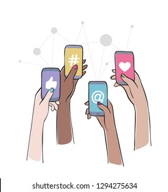 Social Media Interaction. Female hands holding smartphones with social network apps icons. Online communication and connection. Isolated vector illustration.