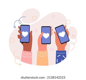 Social media interaction. Hands holding smartphones, paired devices. Communication on Internet, modern technologies and digital world. Messengers and chattings. Cartoon flat vector illustration